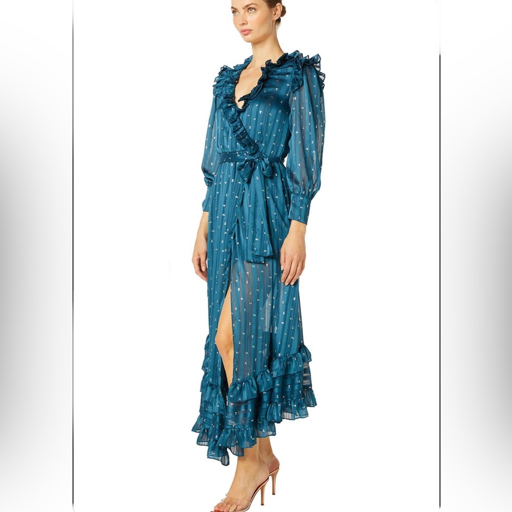 Misa Los Angeles Gabriella Asymmetric Striped Wrap Midi-Dress sheer long sleeve